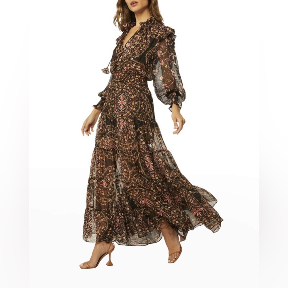 COPY - Misa Size Medium Anisah Maxi Dress Black Chiffon Floral Romantic Long Sl…